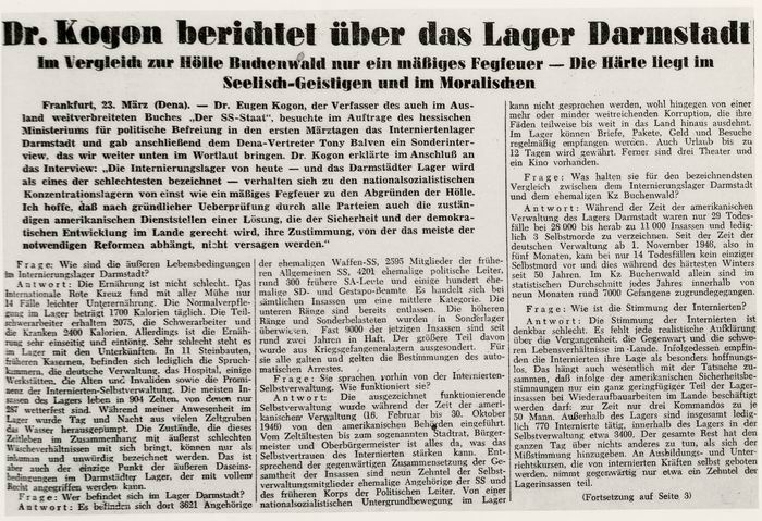 Zeitungsartikel: "Dr. Kogon berichtet über das Lager Darmstadt", FNP 24.3.1947