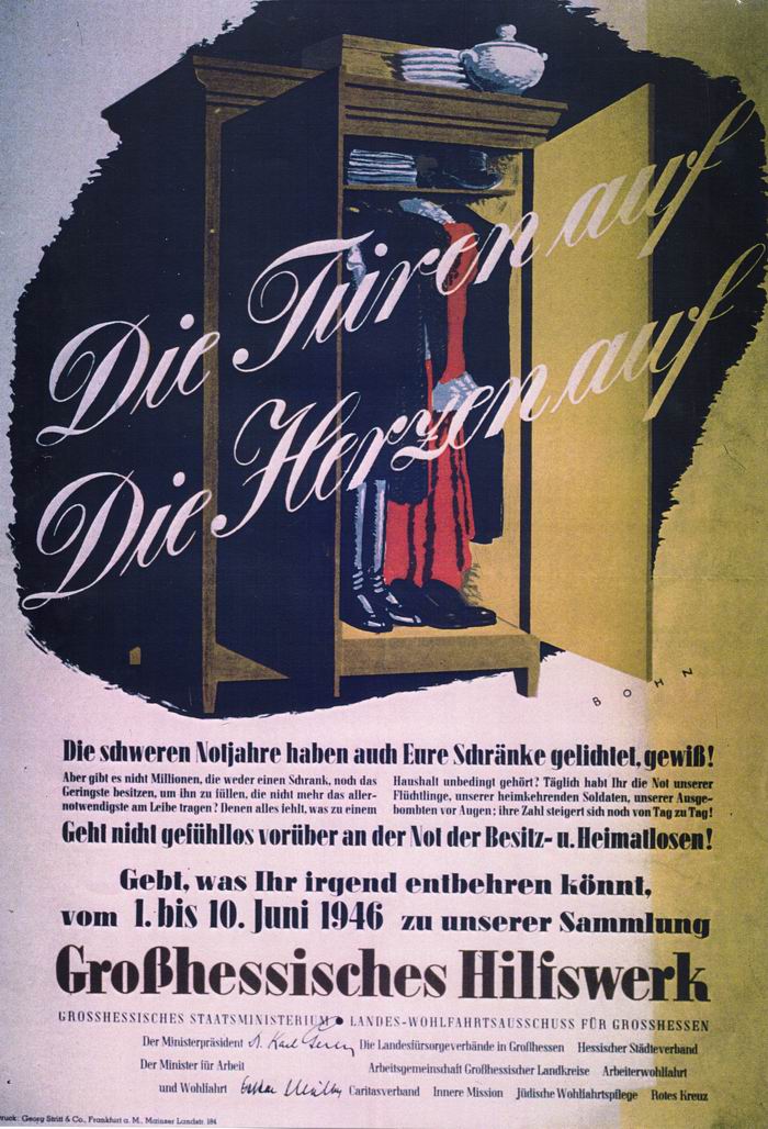 Plakat: des Großhessischen Hilfswerks: "Die Türen auf, Die Herzen auf"