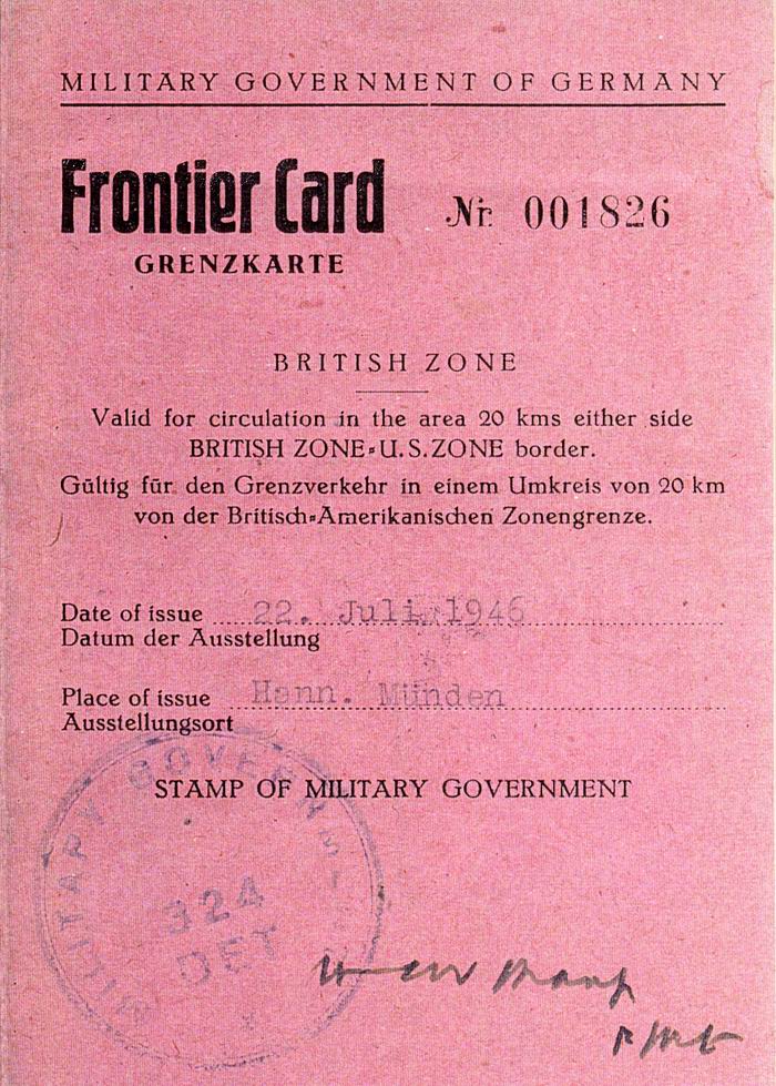 Grenzausweis: für das Zonengebiet der Britisch-Amerikanischen Zone mit einem Umkreis von 20 km.