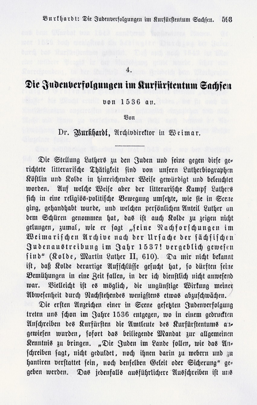 Burckhardt, Die Judenverfolgungen im Kurfürstentum Sachsen von 1536 - 1543, mit "Judenaustreibung" des sächsischen Kurfürsten Johann Friedrich, gegeben zu Wittenberg am 6. Mai 1543