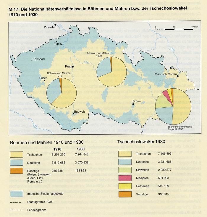 KARTE: DIE NATIONALITÄTENVERHÄLTNISSE IN BÖHMEN UND MÄHREN BZW. DER TSCHECHOSLOWAKEI 1910 UND 1930
Quelle: Meynen, E. (Hrsg.): Sudetendeutscher Atlas. München 1955, S. Blatt 4; Odsun. Die Vertreibung der Sudetendeutschen. Dokumentation zu Ursachen,