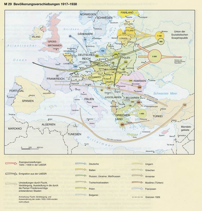 KARTE: BEVÖLKERUNGSVERSCHIEBUNGEN 1917-1938
Quelle: Hilgemann, Werner: Atlas zur deutschen Zeitgeschichte 1918-1968, 3. Auflage. München, Zürich 1986, S. 66/67.
