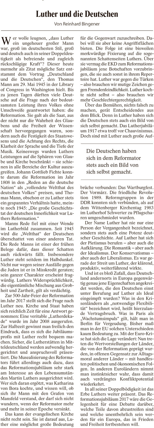 Luther und die Deutschen. Leitartikel in der FAZ, 28. März 2013