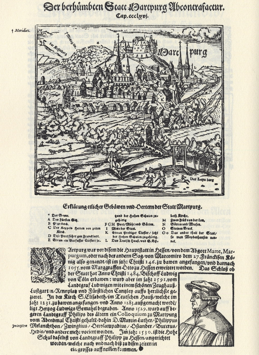Ansicht der berühmten Stadt Marburg und ihrer Geschichte. Cosmographia des Sebastian Münster, 1628