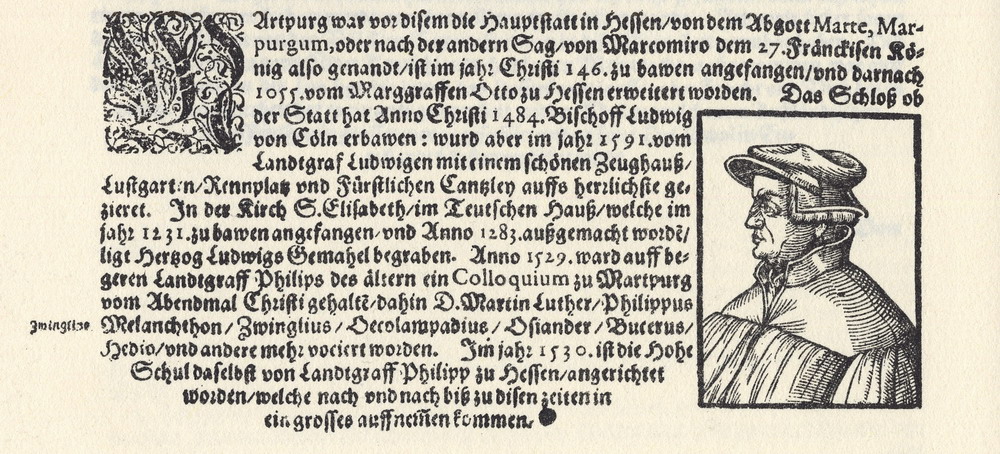 Ansicht der berühmten Stadt Marburg und ihrer Geschichte. Cosmographia des Sebastian Münster, 1628