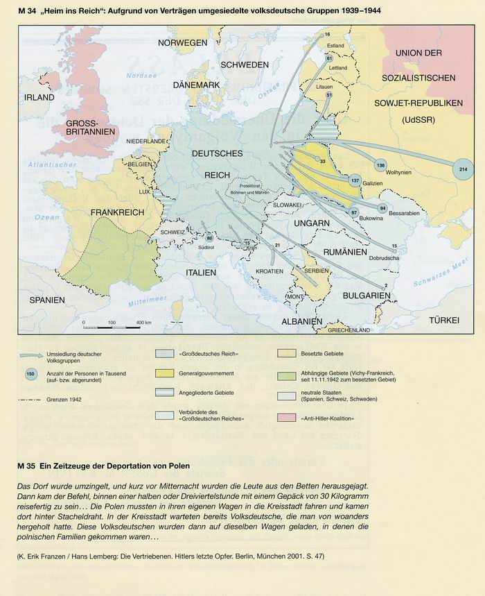 KARTE: „HEIM INS REICH“. AUFGRUND VON VERTRÄGEN UMGESIEDELTE VOLKSDEUTSCHE GRUPPEN 1939-1944
Quelle: Hilgemann, Werner: Atlas zur deutschen Zeitgeschichte 1918-1968, 3. Auflage. München, Zürich 1986,8.278/279.
