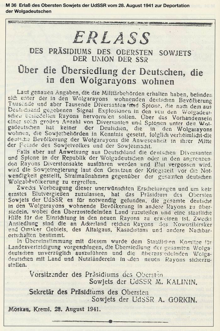 Erlaß des Obersten Sowjets der UdSSR vom 28. August 1941 zur Deportation der Wolgadeutschen (Faksimile)
