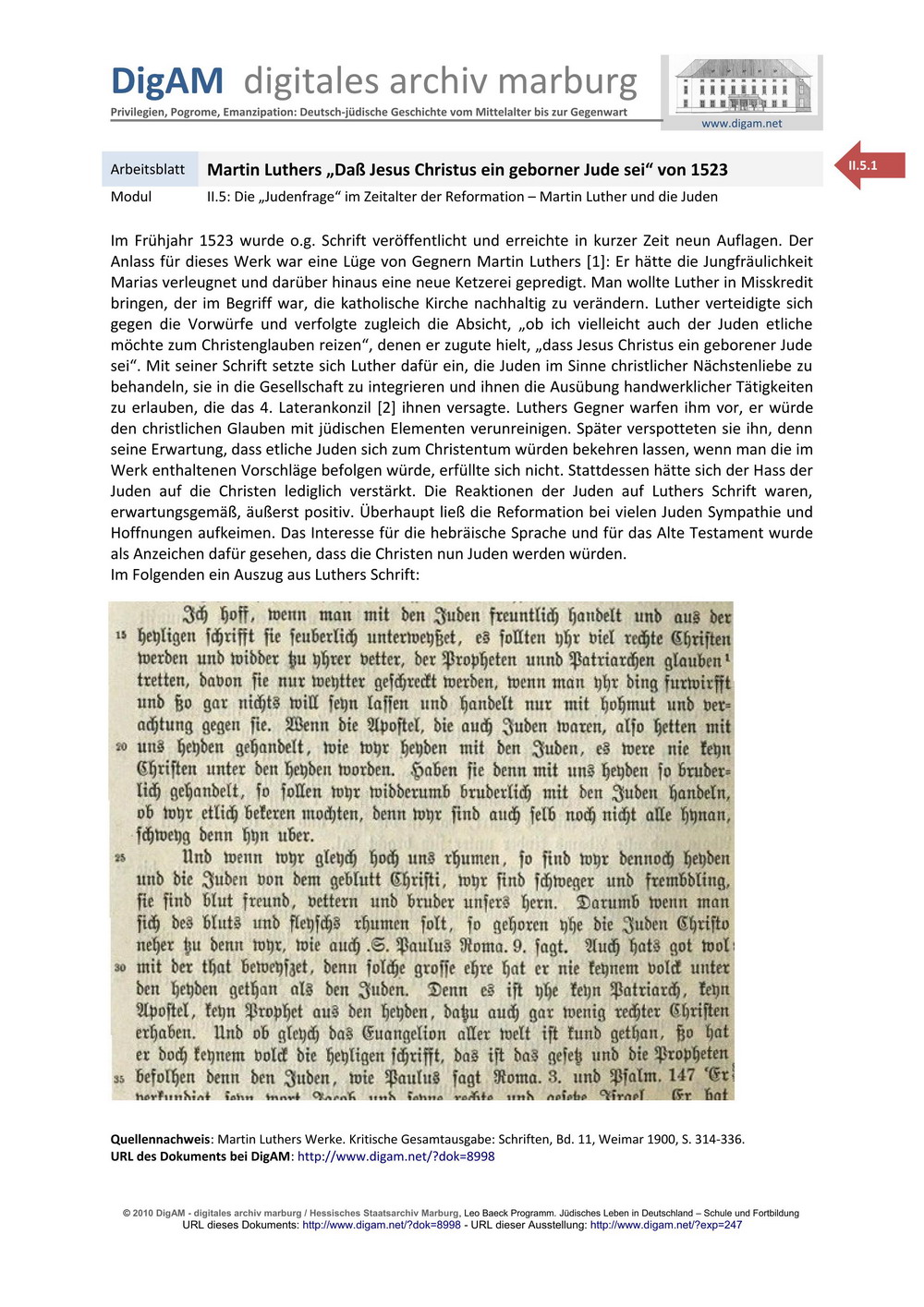 ARBEITSBLATT  Martin Luther und die Juden: "Dass Christus eine geborner Jude sei", 1523