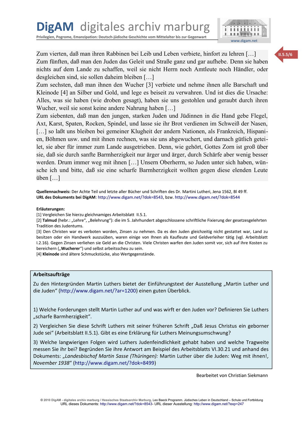 ARBEITSBLATT: Martin Luther, "Von den Juden und ihren Lügen", 1543