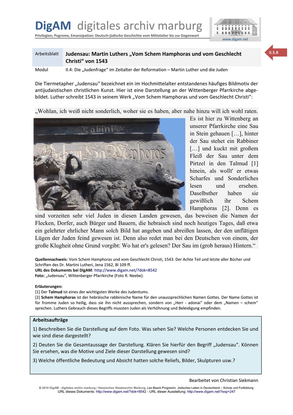 ARBEITSBLATT: Martin Luther, "Vom Schem Hamphoras und vom Geschlecht Christi" - Zur Wittenberger "Judensau",  1543
