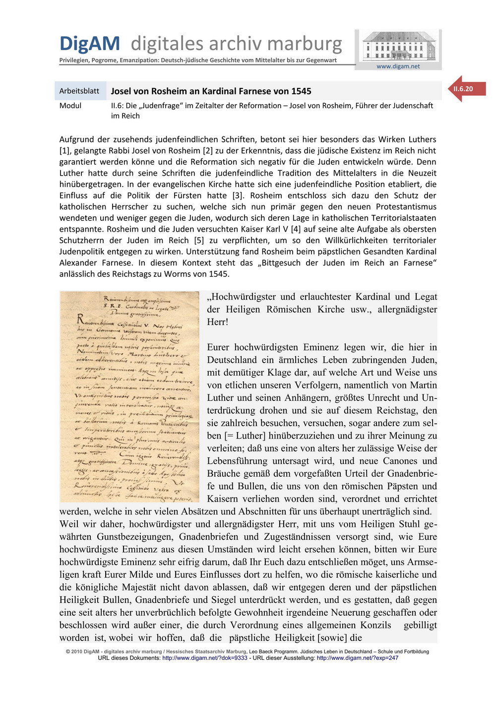 ARBEITSBLATT: Martin Luther und die Juden: Josel von Rosheim an Kardinal Farnese, 1545