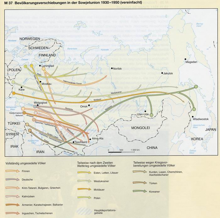 KARTE: BEVÖLKERUNGSVERSCHIEBUNGEN IN DER SOWJETUNION 1930-1950 (VEREINFACHT)
Quelle: Courtois, Stephane u.a.: Das Schwarzbuch des Kommunismus. Unterdrückung, Verbrechen und Terror. 4. Auflage. München, Zürich 1998, S. 48. Wheatcroft, Stephen G.: Ausmaß u
