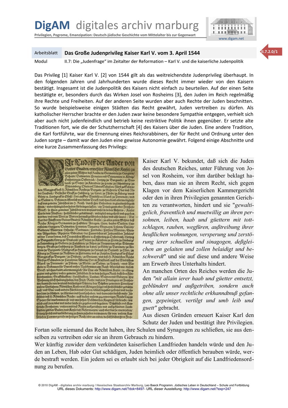 ARBEITSBLATT: Das große Judenprivileg Kaiser Karl V. vom 3. April 1544