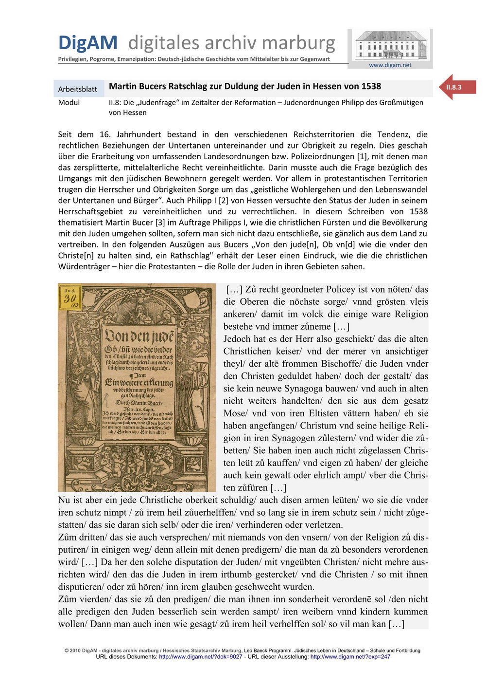 ARBEITSBLATT: Martin Bucers Ratschlag zur Duldung der Juden in Hessen, 1538