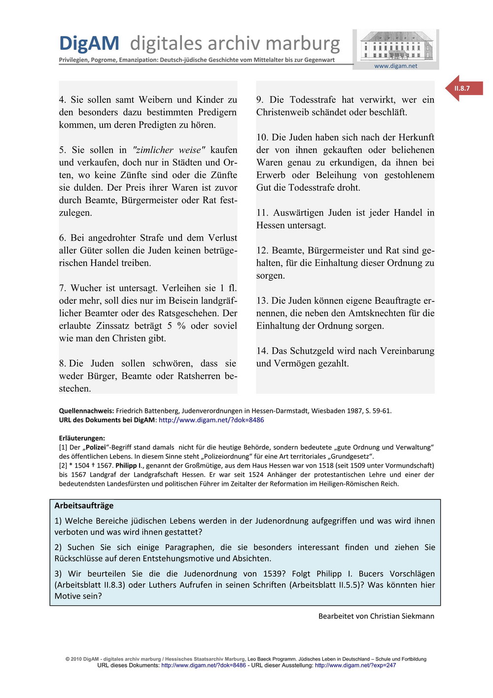 ARBEITSBLATT: Die Judenordnung Landgraf Philipps von Hessen, 1539