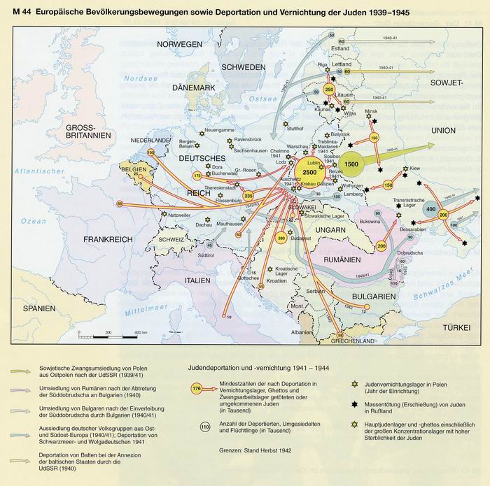KARTE: EUROPÄISCHE BEVÖLKERUNGSBEWEGUNGEN  SOWIE DEPORTATION UND VERNICHTUNG DER JUDEN 1939-1945
Quelle: Großer Historischer Weltatlas. Dritter Teil, Neuzeit. Hrsg. vom Bayerischen Schulbuch-Verlag. Unveränderter Nachdruck der 4. überarbeiteten und erwei