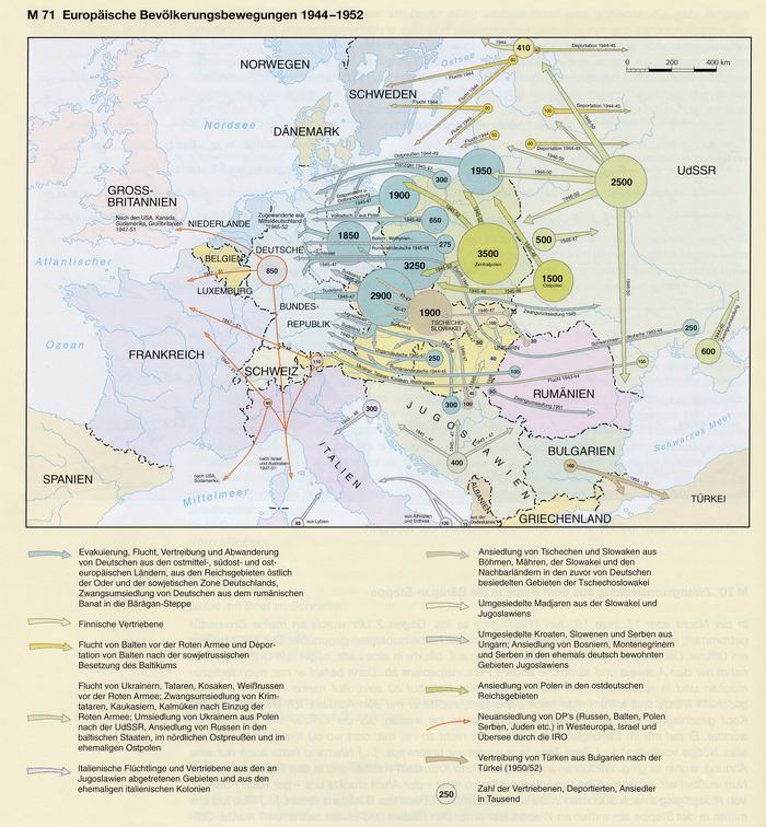 KARTE: EUROPÄISCHE BEVÖLKERUNGSBEWEGUNGEN 1944-1952
Quelle: Großer Historischer Weltatlas. Dritter Teil, Neuzeit. Hrsg. vom Bayerischen Schulbuch-Verlag. Unveränderter Nachdruck der 4. überarbeiteten und erweiterten Auflage 1981. München 1991, S. 89.