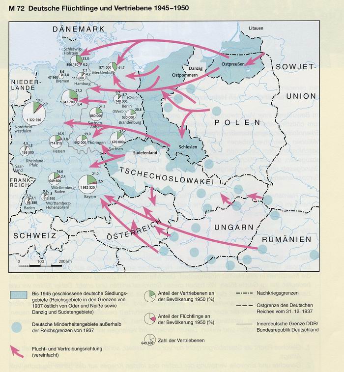KARTE: DEUTSCHE FLÜCHTLINGE UND VERTRIEBENE 1945-1950
Quelle: Putzger, Historischer Weltatlas. 12. Auflage. Berlin 1996, S. 121; Karte Herkunfts- und Siedlungsgebiete der Vertriebenen von W. Essen. In: Frantzioch, M.: Die Vertriebenen. (= Schriften zur K