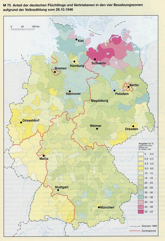 KARTE: ANTEIL DER DEUTSCHEN FLÜCHTLINGE UND VERTRIEBENEN IN DEN VIER BESATZUNGSZONEN AUFGRUND DER VOLKSZÄHLUNG VOM 20.10.1946 
Quelle: Karte Die deutschen Ostvertriebenen von W. Essen. In: Frantzioch, M.: Die Vertriebenen. (= Schriften zur Kultursoziolog