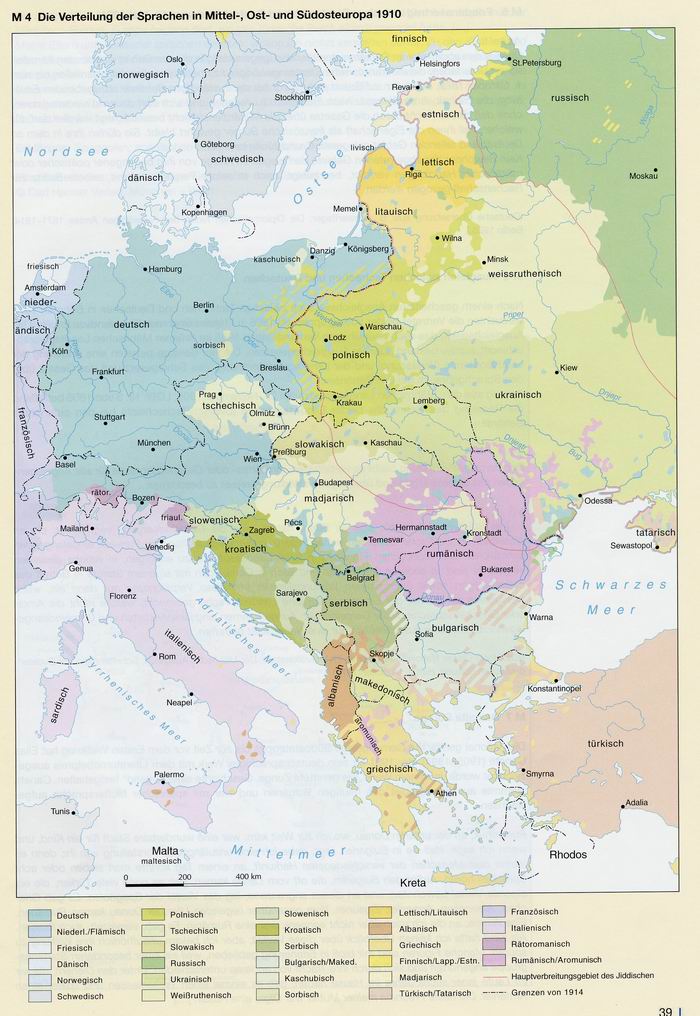 KARTE: DIE VERTEILUNG DER SPRACHEN IN MITTEL, OST- UND SÜDOSTEUROPA 1910
Quelle: Putzger, Historischer Weltatlas. 12. Auflage. Berlin 1996, S. 99.