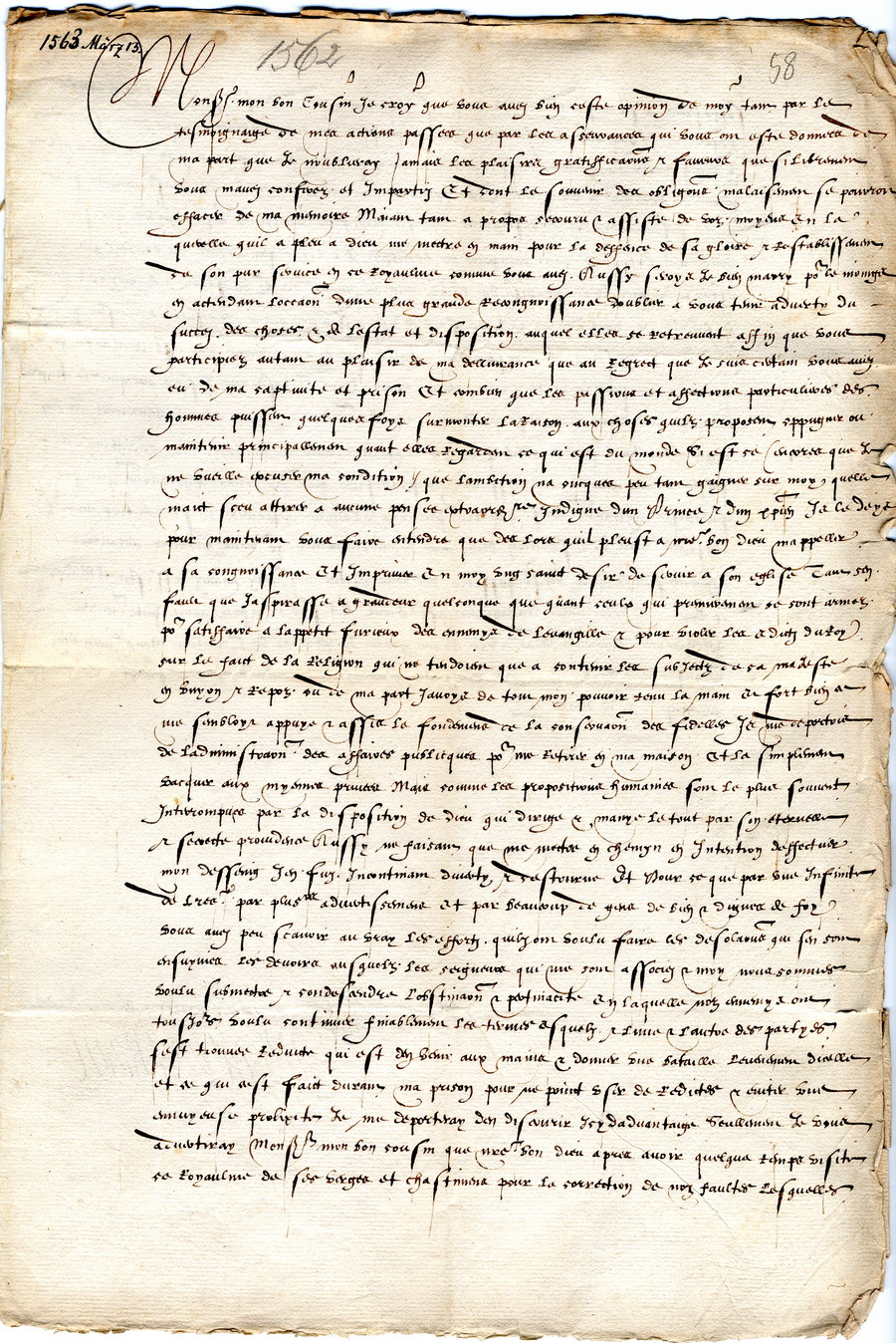 Louis I. de Bourbon, Prinz von CondÃ© [Ludwig von Bourbon]  an Landgraf Philipp von Hessen, mit Conditionis pacis,13. März 1563 (Orleans)