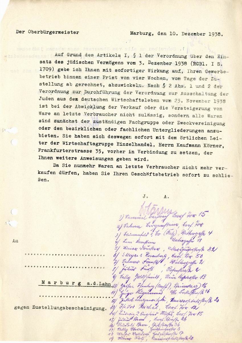 Anordnung des Oberbürgermeisters Marburg an die Inhaber jüdischer Gewerbebetriebe in Marburg zur Auflösung ihrer Geschäfte vom 10.12.1938