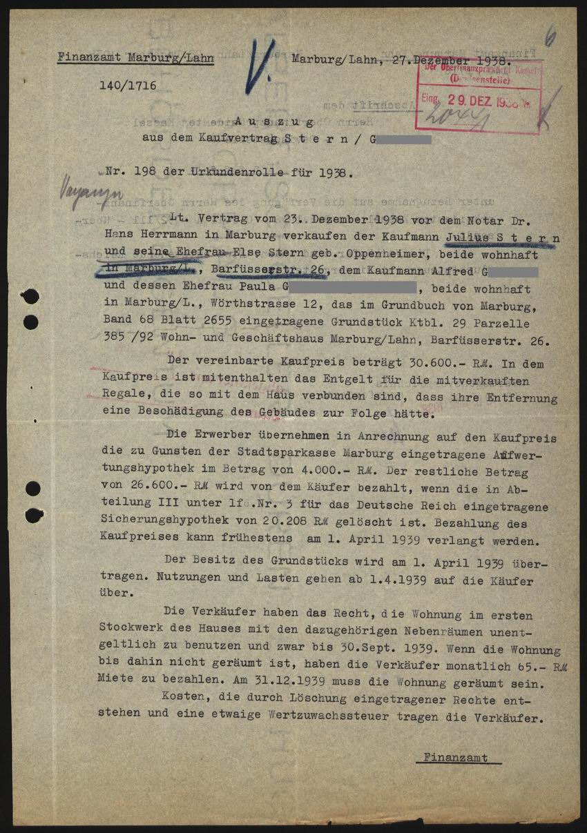 Auszug aus dem Kaufvertrag zwischen Julius Stern und Alfred G. für das Wohn- und Geschäftshaus Barfüßer Straße 26