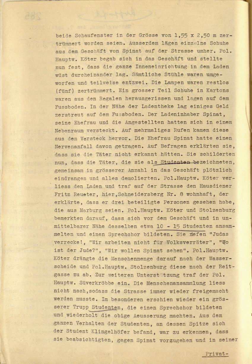 Anzeige der Polizeihauptwachtmeister Stolzenburg, Köter und Süverkröbbe zu den Ausschreitungen gegen das Schuhgeschäft des Josef Spinat in der Wettergasse, 09.04.1935