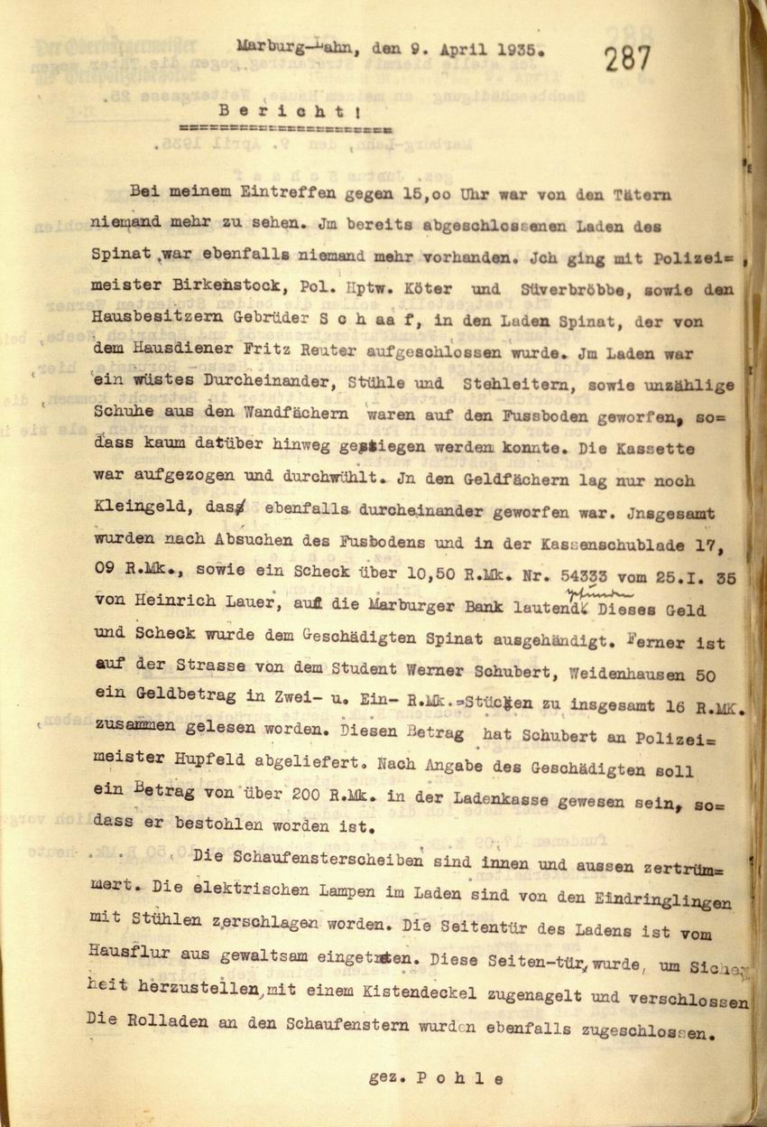 Strafantrag des Kaufmanns Justus Schaaf wegen Sachbeschädigung am Haus Wettergasse 25, 09.04.1935