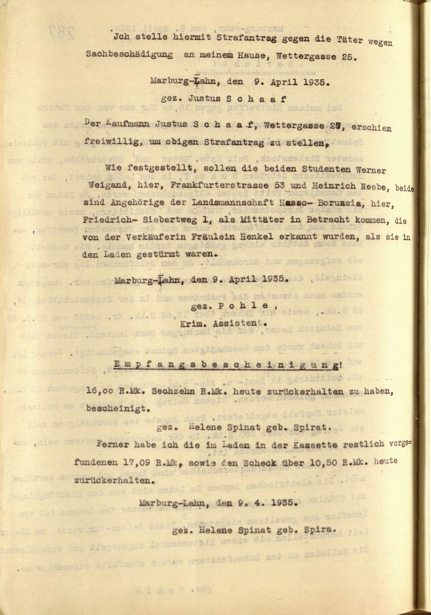 Strafantrag des Kaufmanns Justus Schaaf wegen Sachbeschädigung am Haus Wettergasse 25, 09.04.1935