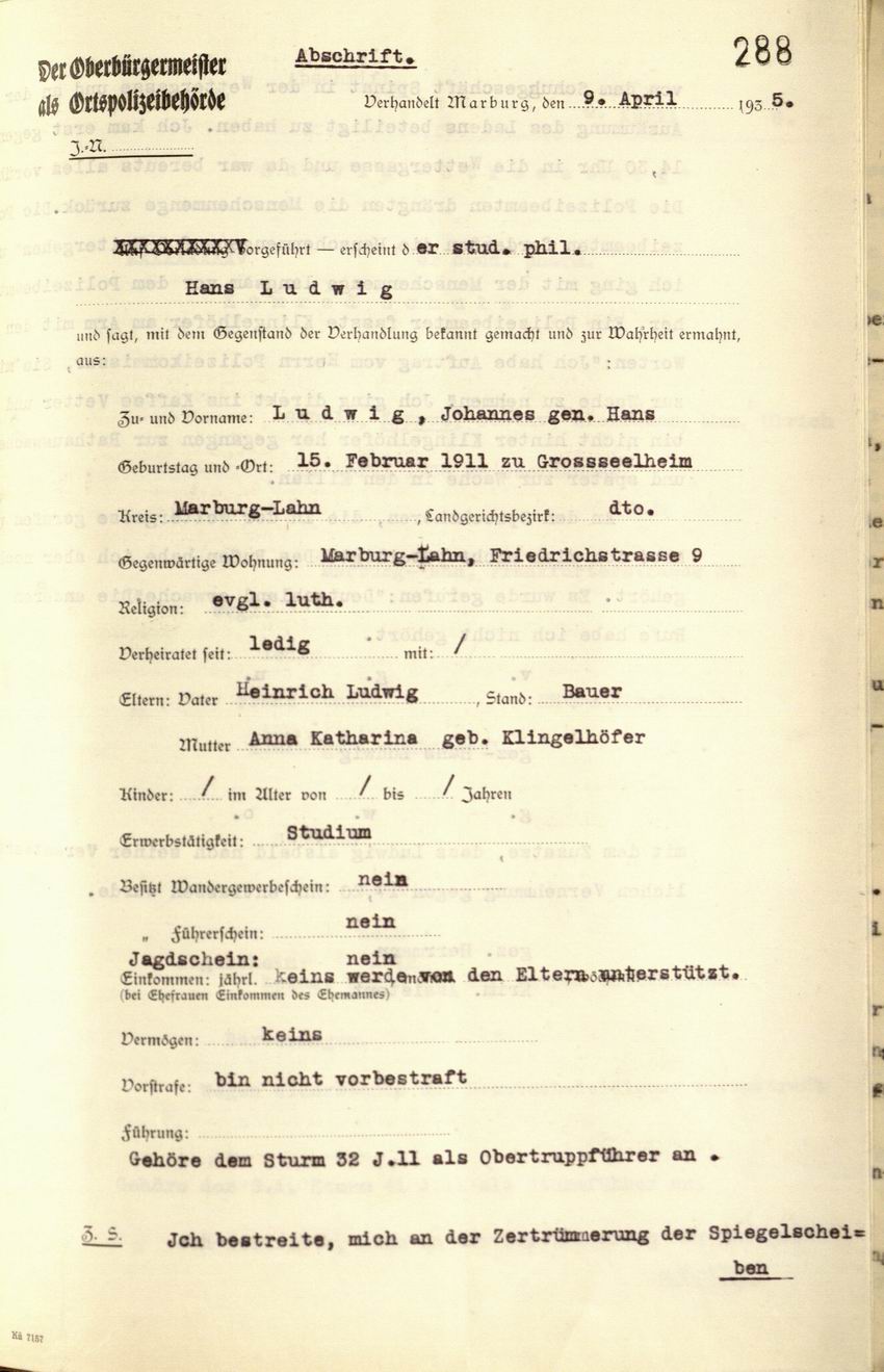 Zeugenaussage des Studenten Hans Ludwig zu den Ausschreitungen gegen das Schuhhaus Spinat, 09.04.1935
