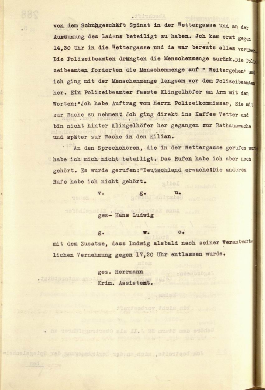 Zeugenaussage des Studenten Hans Ludwig zu den Ausschreitungen gegen das Schuhhaus Spinat, 09.04.1935