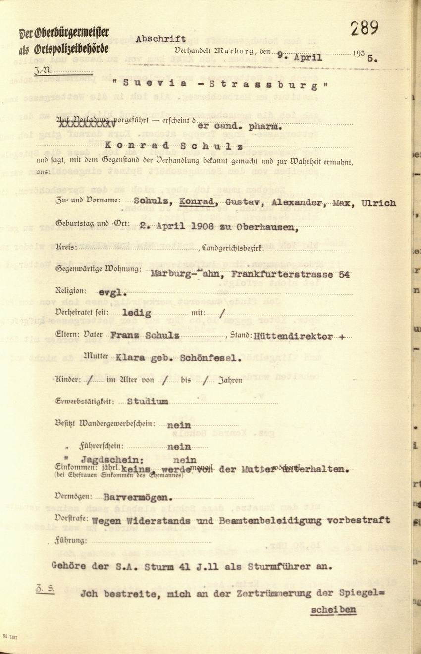 Zeugenaussage des Studenten Konrad Schulz zu den Ausschreitungen gegen das Schuhhaus Spinat, 09.04.1935