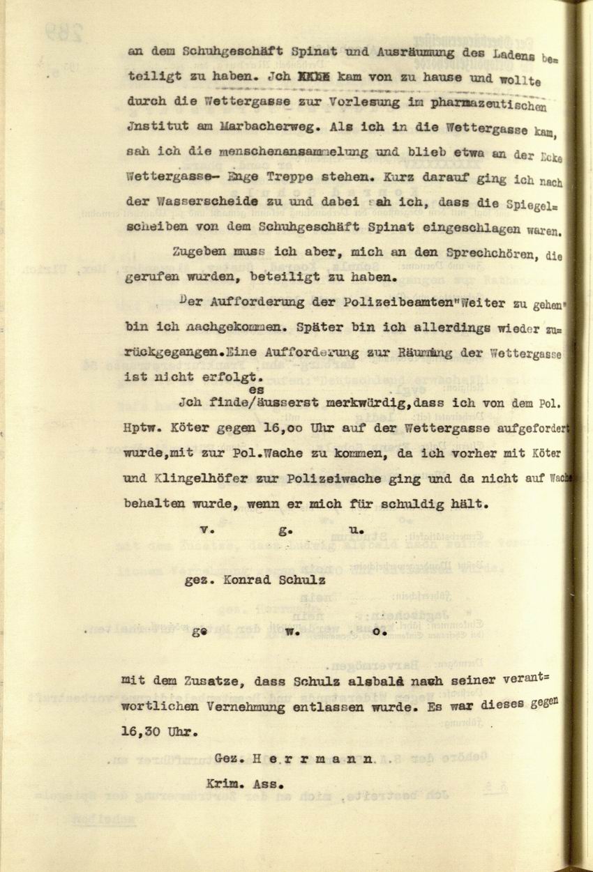 Zeugenaussage des Studenten Konrad Schulz zu den Ausschreitungen gegen das Schuhhaus Spinat, 09.04.1935