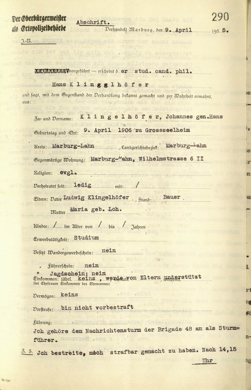 Zeugenaussage des Studenten Johannes Klingelhöfer zu den Ausschreitungen gegen das Schuhhaus Spinat, 09.04.1935