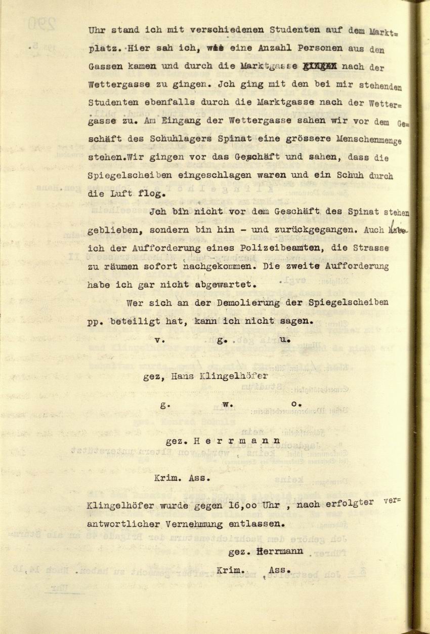 Zeugenaussage des Studenten Johannes Klingelhöfer zu den Ausschreitungen gegen das Schuhhaus Spinat, 09.04.1935