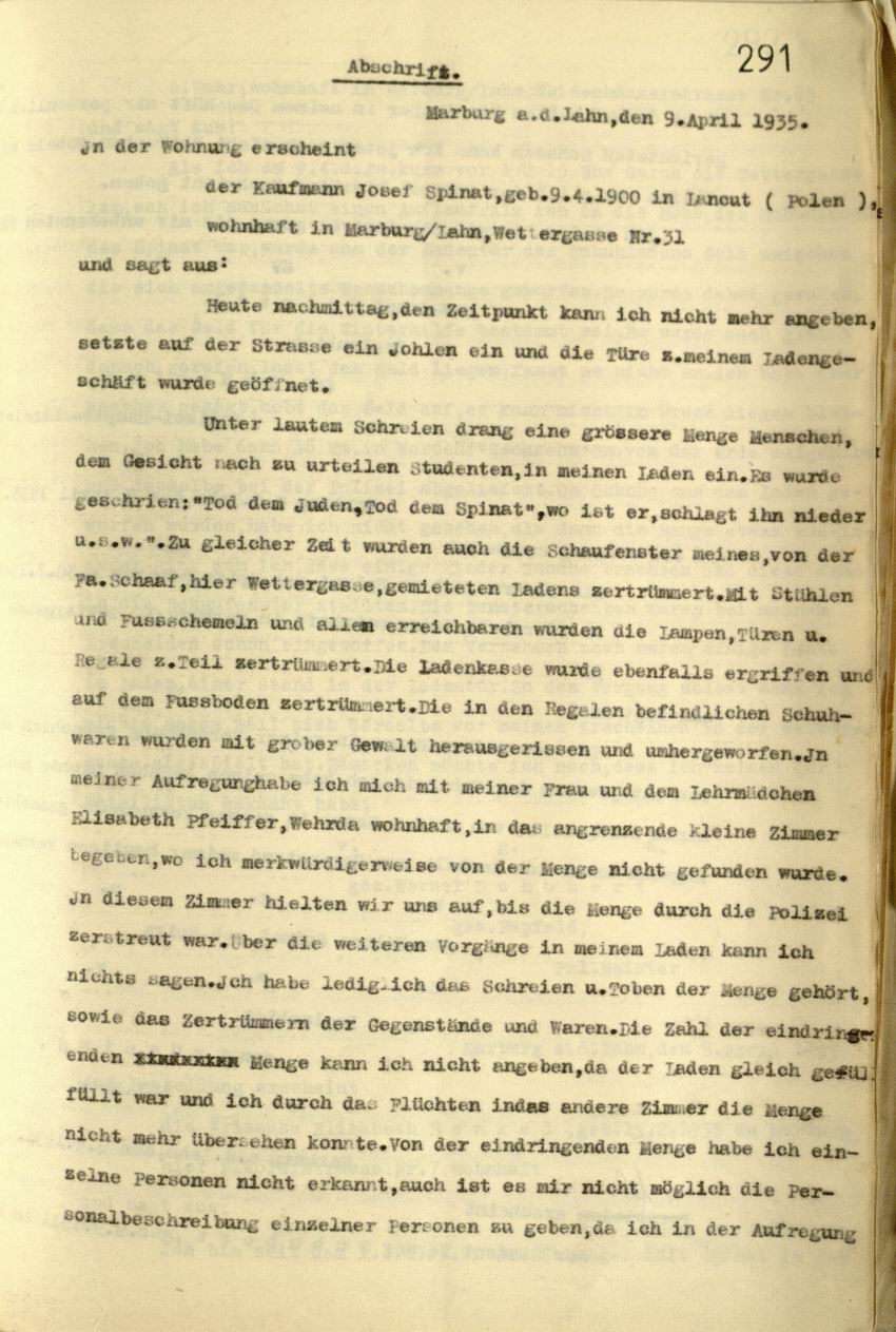Josef Spinat stellt einen Strafantrag gegen die unbekannten Täter, 09.04.1935