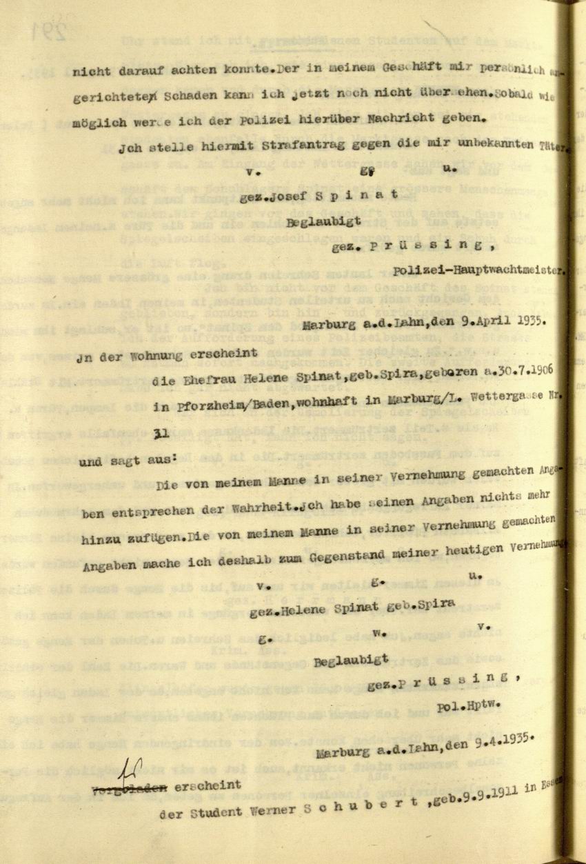 Josef Spinat stellt einen Strafantrag gegen die unbekannten Täter, 09.04.1935