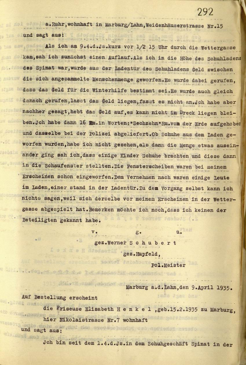 Zeugenaussagen der Aushilfen Elisabeth Henkel, Anna Zeckey und des Lehrmädchens Elisabeth Pfeiffer des Schuhhauses Spinat, 09.04.1935