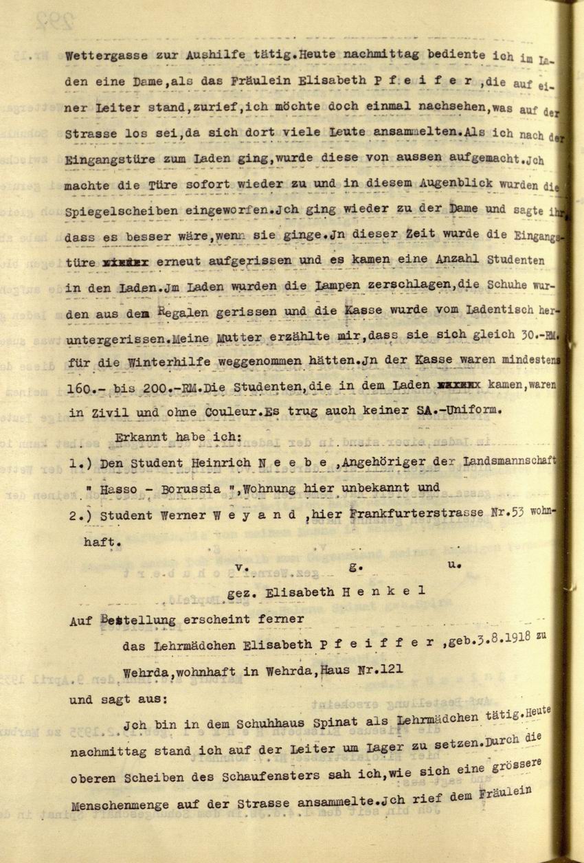 Zeugenaussagen der Aushilfen Elisabeth Henkel, Anna Zeckey und des Lehrmädchens Elisabeth Pfeiffer des Schuhhauses Spinat, 09.04.1935