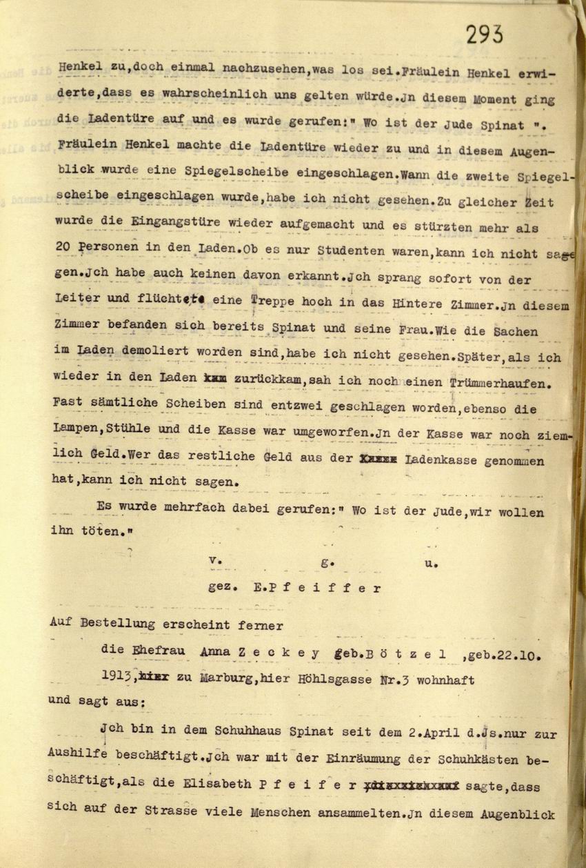 Zeugenaussagen der Aushilfen Elisabeth Henkel, Anna Zeckey und des Lehrmädchens Elisabeth Pfeiffer des Schuhhauses Spinat, 09.04.1935