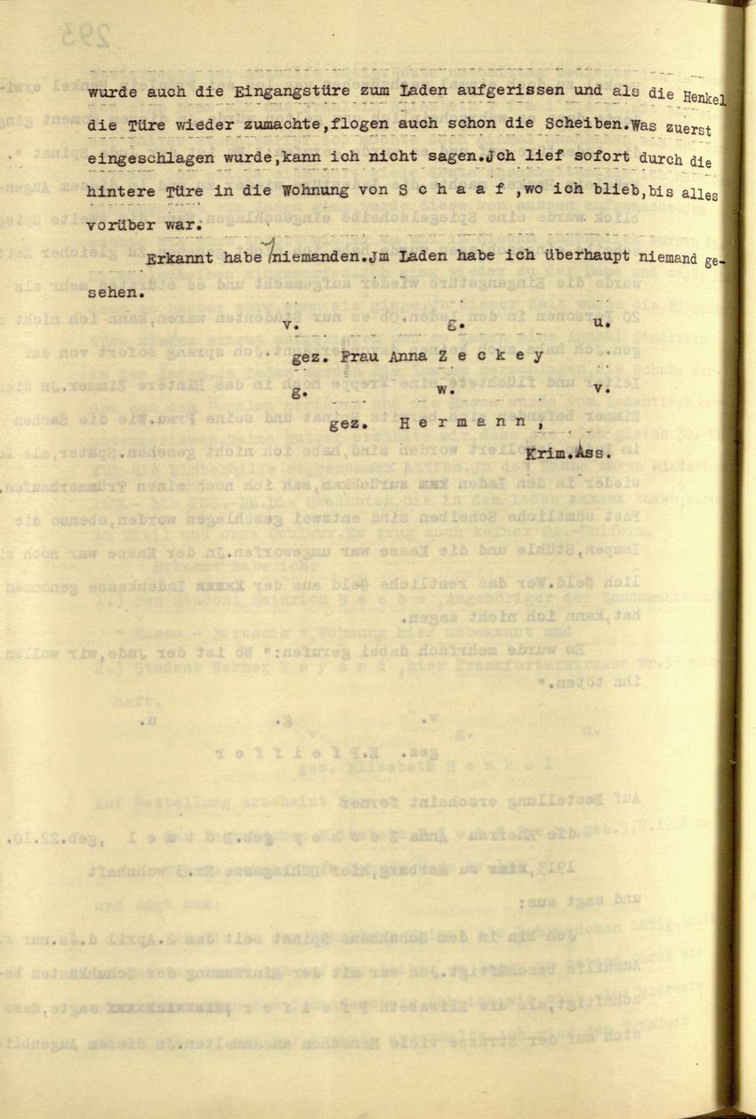 Zeugenaussagen der Aushilfen Elisabeth Henkel, Anna Zeckey und des Lehrmädchens Elisabeth Pfeiffer des Schuhhauses Spinat, 09.04.1935