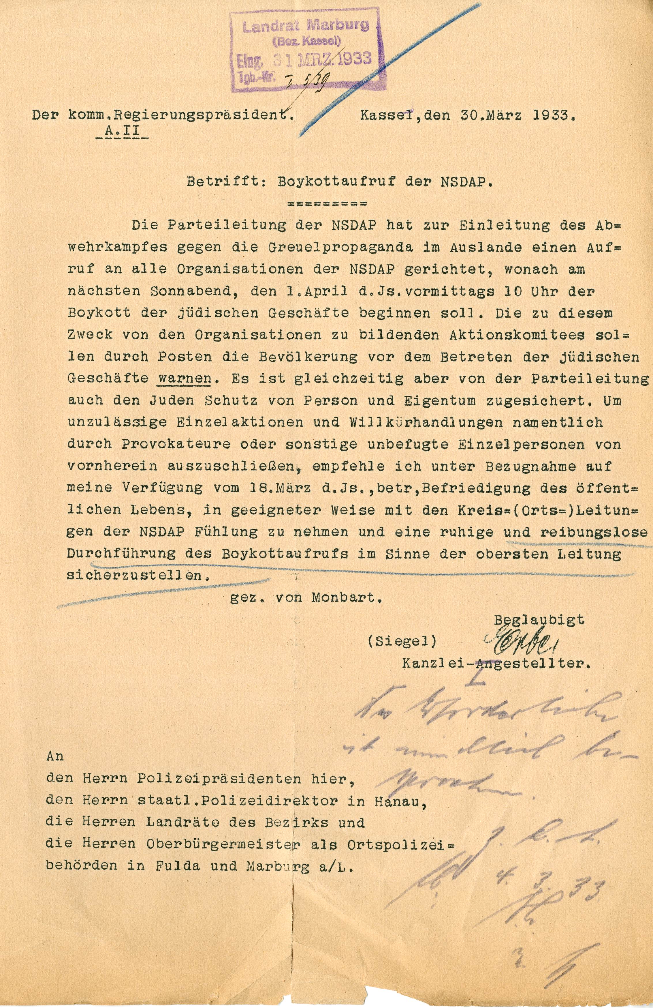 Boykottaufruf der NSDAP: Aktion gegen Geschäfte jüdischer Inhaber, 30.03.1933