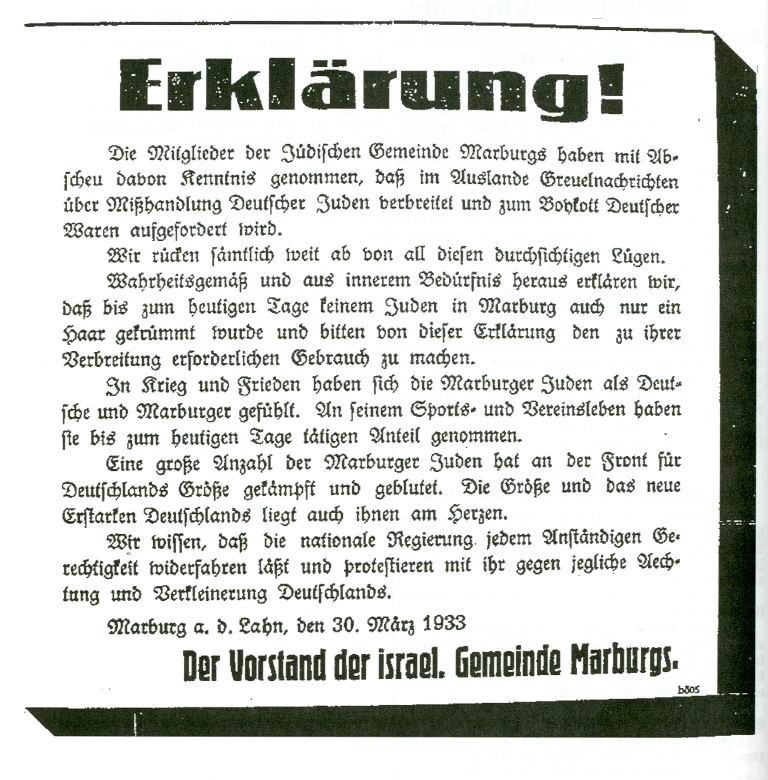 Erklärung der jüdischen Gemeinde Marburgs zu den "Greuelnachrichten" im Ausland, 30.03.1933
