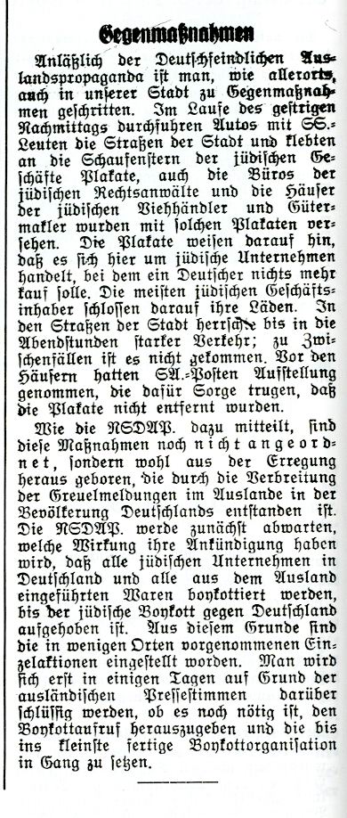 Zeitungsartikel über die deutschen "Gegenmaßnahmen" als Reaktion auf die angeblich im Ausland kursierende deutschfeindliche Propaganda, 29.03.1933