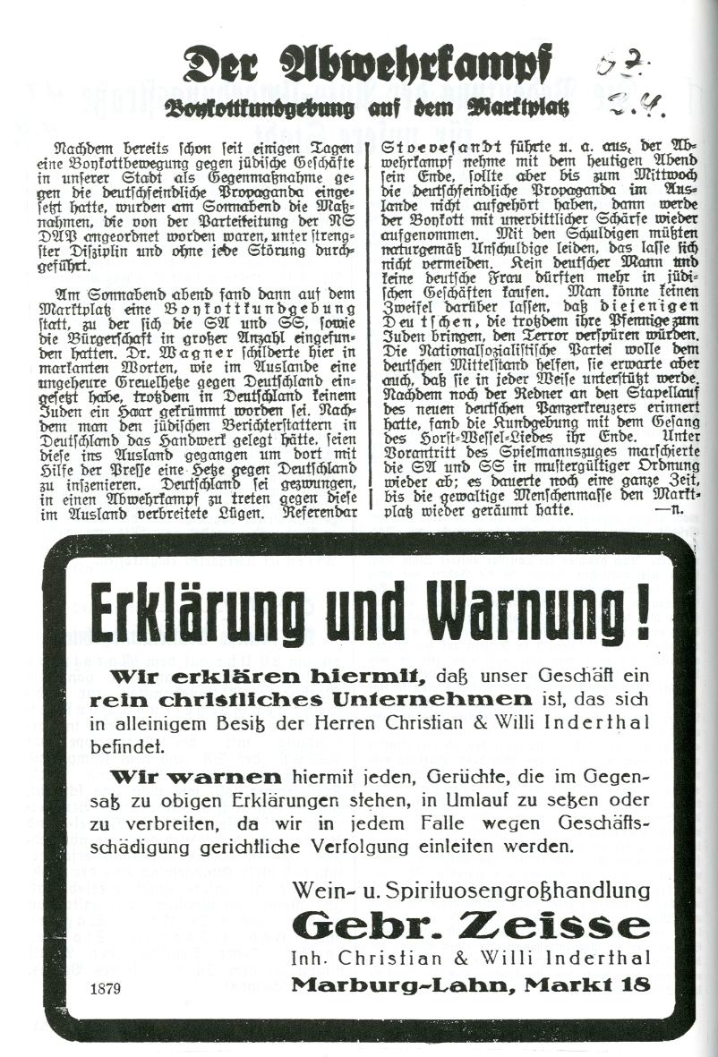 Zeitungsartikel "Der Abwehrkampf: Boykottkundgebung auf dem Marktplatz", 02.04.1933