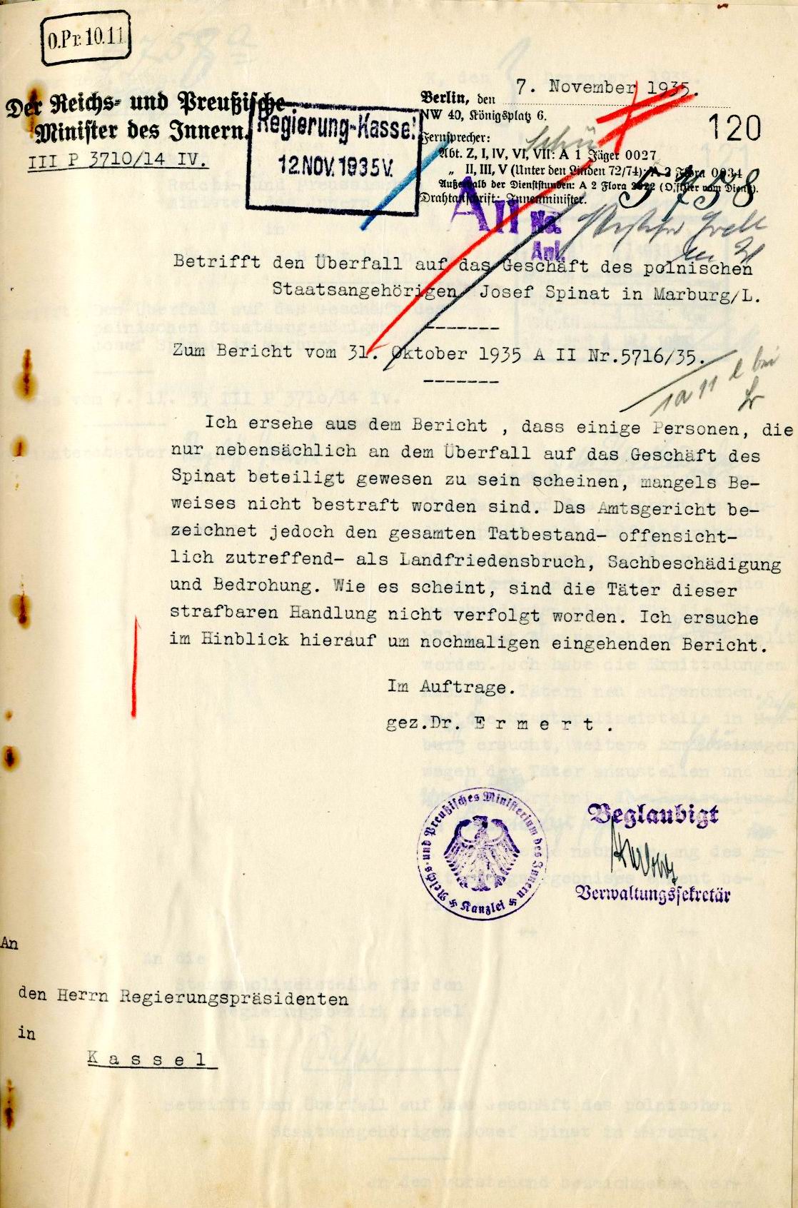Schreiben des Ministeriums des Innern an den Regierungspräsidenten Kassel zum Überfall auf das Schuhhaus Spinat, 07.11.1935
