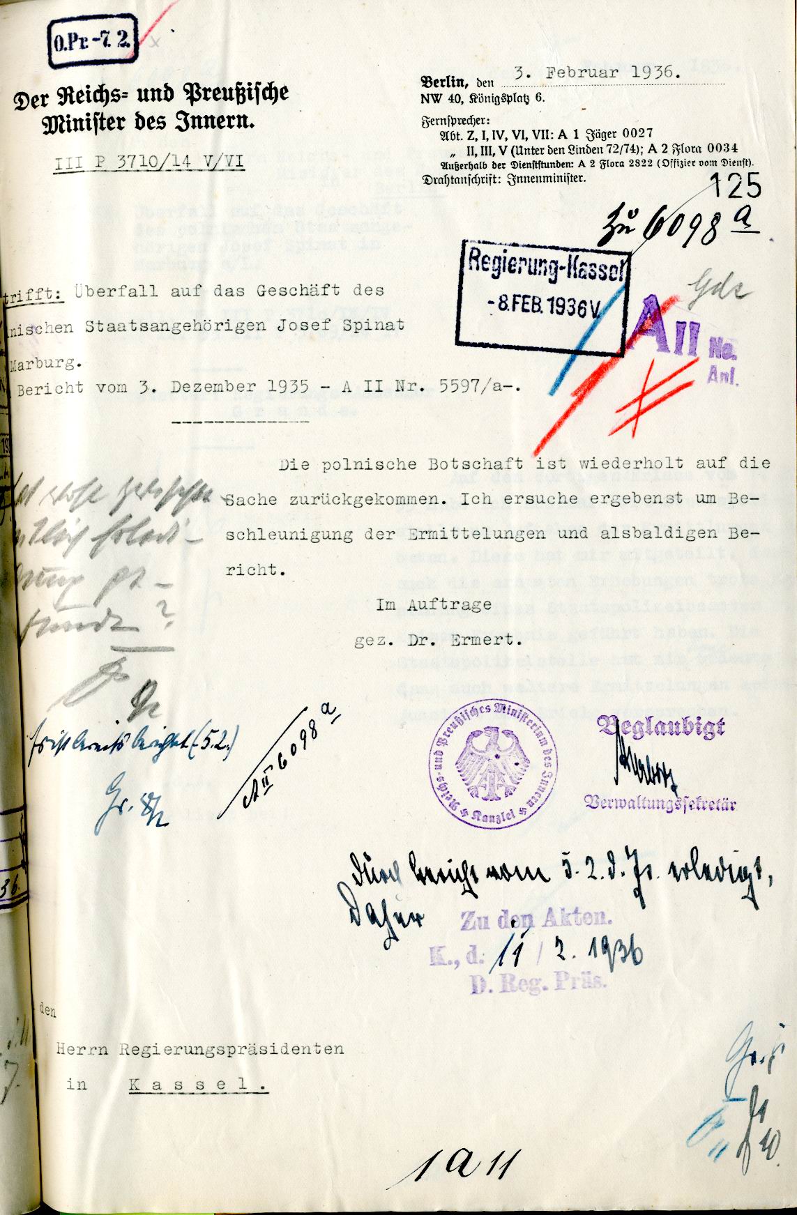 Schreiben des Ministeriums des Innern an den Regierungspräsidenten in Kassel zum Überfall auf das Schuhhaus Spinat, 03.02.1936