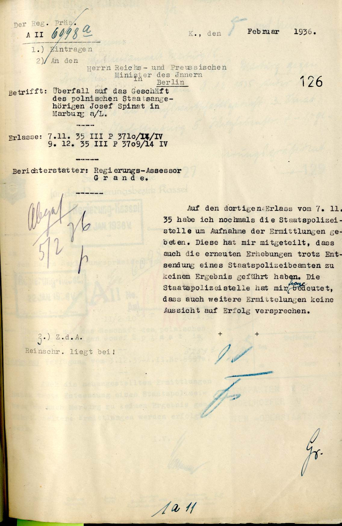 Schreiben des Regierungspräsidenten Kassel an das Ministerium des Innern, Berlin, zum Überfall auf das Schuhhaus Spinat, 08.02.1936