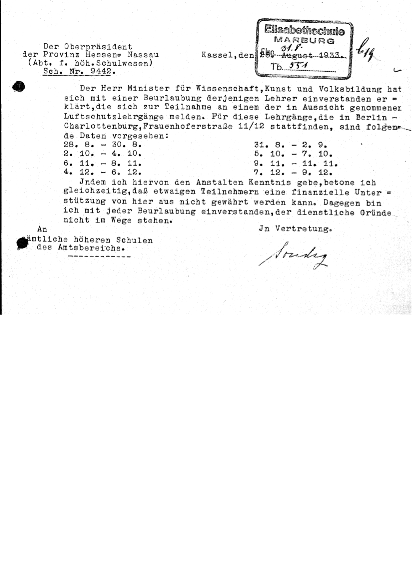 Schreiben der Abteilung für höheres Schulwesen an die Schulen des Amtsbereichs btr. Teilnahme an Luftschutzlehrgängen vom 28.08.1933